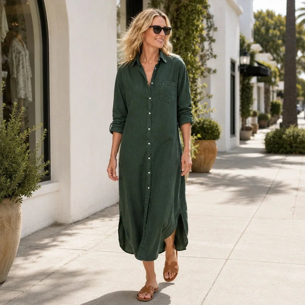 Frank & Eileen Rory Famous Denim Maxi Shirtdress XS Forest Green Cotton Relaxed